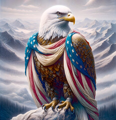Wall Mural - A majestic bald eagle with a tear in its eye is draped with the American flag, standing before a backdrop of snowy mountain range