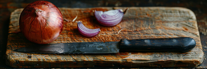 Rustic Cutting Board with Fresh Onion and Kitchen Knife