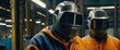 Workers wearing industrial uniforms and Welded Iron Mask at Steel welding plants, industrial safety first concept