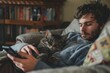 Young man relaxes at home with his cat on his lap while browsing his smartphone