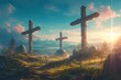 three crosses background with beam of light shining down, biblical cross illustration