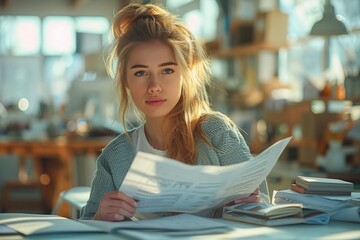 Wall Mural - A blond woman is sitting at a table, reading a book in a room