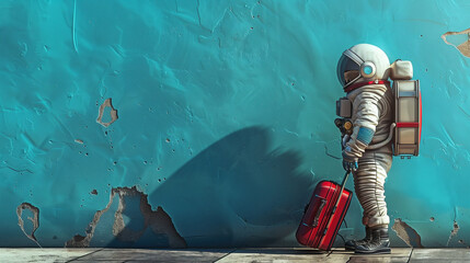 Wall Mural - astronaut in spacesuit and with baggage suitcase, space exploration and discovery concept, travel and journeys