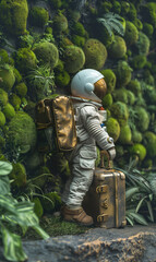 Wall Mural - astronaut in spacesuit and with baggage suitcase, space exploration and discovery concept, travel and journeys