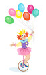 Funny girl clown rides a circus bicycle with a large bunch of balloons. Isolated on  white background. Vector flat illustration.
