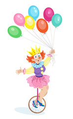 Poster - Funny girl clown rides a circus bicycle with a large bunch of balloons. Isolated on  white background. Vector flat illustration.