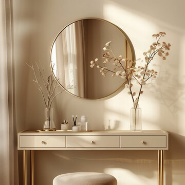 moderner, minimal beige Schminktisch, Zweig Glasvase, runde Kosmetikspiegel in Creme Wand für Luxus Schönheit, Kosmetik