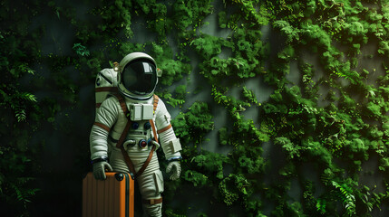 Wall Mural - astronaut in spacesuit and with baggage suitcase, space exploration and discovery concept, travel and journeys