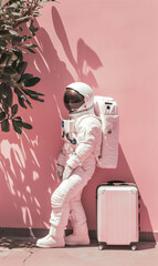 Wall Mural - astronaut in spacesuit and with baggage suitcase, space exploration and discovery concept, travel and journeys