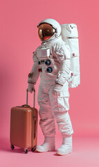 Wall Mural - astronaut in spacesuit and with baggage suitcase, space exploration and discovery concept, travel and journeys