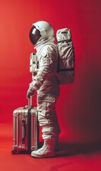 Wall Mural - astronaut in spacesuit and with baggage suitcase, space exploration and discovery concept, travel and journeys