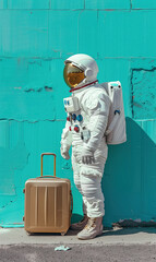 Wall Mural - astronaut in spacesuit and with baggage suitcase, space exploration and discovery concept, travel and journeys