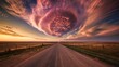 sunset in the sky, the road runs straight through the plain, the road surface is clearly visible, the sky dominates