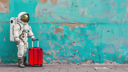 Wall Mural - astronaut in spacesuit and with baggage suitcase, space exploration and discovery concept, travel and journeys