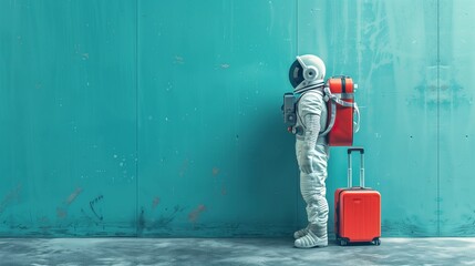 Wall Mural - astronaut in spacesuit and with baggage suitcase, space exploration and discovery concept, travel and journeys