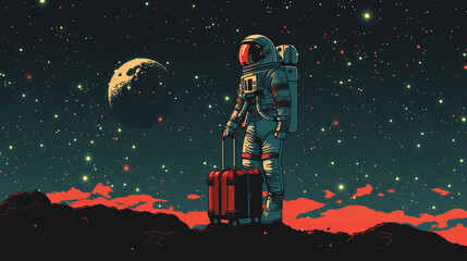 Wall Mural - astronaut in spacesuit and with baggage suitcase, space exploration and discovery concept, travel and journeys
