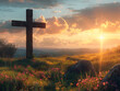 A wooden cross on a hilltop, with a beautiful sunset in the background and birds flying in the sky.