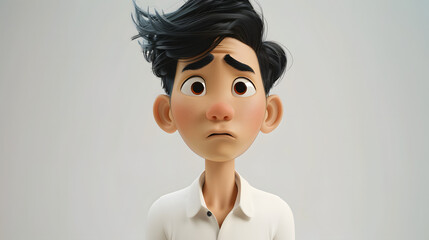 Wall Mural - Sad unhappy upset Asian cartoon character young man male boy person wearing white shirt 