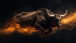 Fire Red bull, sparks fly from under the hooves, bull runs, dark background, banner