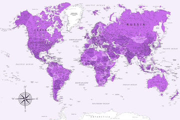 Wall Mural - World Map - Highly Detailed Vector Map of the World. Ideally for the Print Posters. Purple Lilac Spot Beige Retro Style.