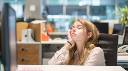 Wall Mural - Young lazy female office worker sleeping at her workplace