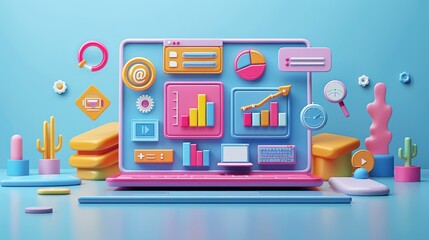 Sticker - Digital Marketing: A 3D vector illustration of a laptop with various digital marketing tools and icons