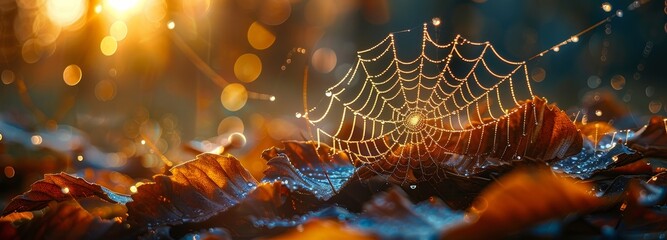 Glistening cobweb on vibrant red autumn leaves with dew drops under the morning sun rays, wide banner, copy space