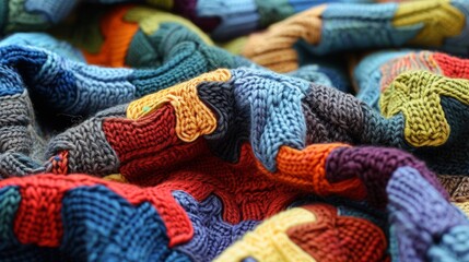 Poster - A close up of a pile of colorful knitted blankets, AI