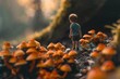 A small boy stands amidst a cluster of vibrant orange mushrooms in a dreamlike forest setting.