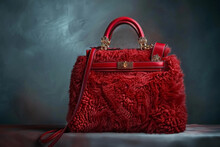 Elegant Red Fur Handbag With Golden Accents On A Moody Background