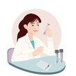Female doctor sitting on a desk Pour the test tube onto the work table. Concept Check for hpv, hiv, covid viruses.
