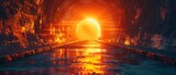 Fototapeta Fototapety przestrzenne i panoramiczne - A tunnel with a bright orange light shining through it by AI generated image