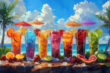 Wall Mural - tropical paradise refreshment, colorful fruit cocktails on a sunny beach