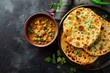 Amritsari Aloo Kulcha and Alu Matar Indian flatbread and potato peas curry from above