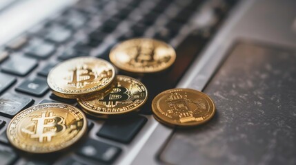 Poster - Bitcoin Coins on Laptop Keyboard