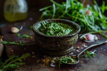 Wall Mural - Arugula pesto made at home in a rustic bowl