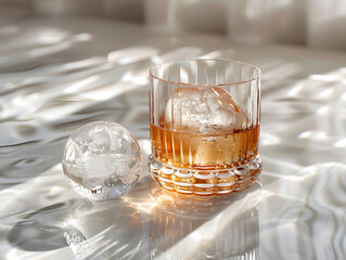 Wall Mural - A glass of whiskey with a sphere ice cube in it.