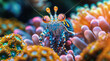 Macro of a colourful mantis shrimp in a tropical coral reef underwater