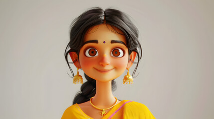 Smiling Indian cartoon character young woman female girl person portrait wearing yellow dress