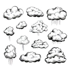 hand drawn sketchy cloud collection isolated on white. sketched black pencil clouds outline illustra