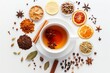 Ayurvedic spiced tea creatively displayed on a white background emphasizing its macro concept