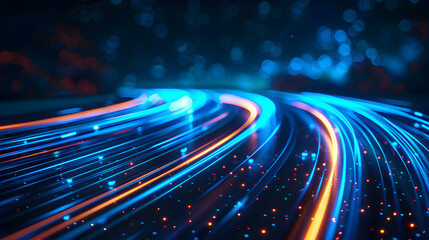 Poster - High speed movement of blue neon light in a curved trajectory.