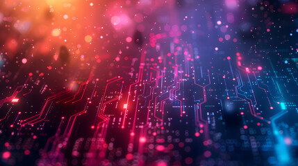 Poster - Electronic circuit glowing neon on dark background in technology concept.