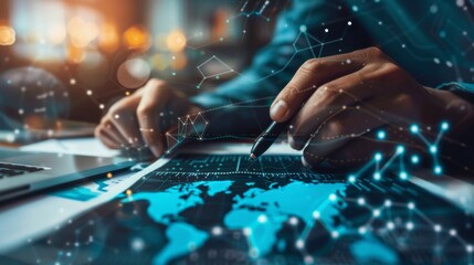 Poster - Person Working on Laptop With World Map Background