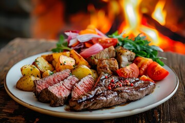 Sticker - Beef main course dinner on wooden table near fireplace with steak potatoes and salad