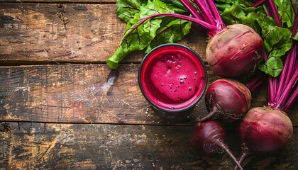 Wall Mural - Beetroot juice and fresh organics on rustic table for refreshing drinks concept