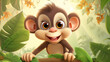  close up view with curious  Cute smile little monkey with jungle background