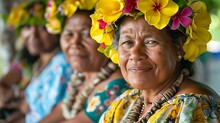 Women Of Marshall Islands. Women Of The World. A Smiling Polynesian Woman Wearing A Vibrant Floral Headdress Looks At The Camera With Other Adorned Women Softly Focused In The Background.  #wotw