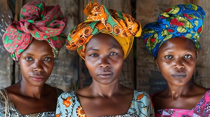 Wall Mural - Women of Madagascar. Women of the World. Three confident African women wearing colorful headwraps stand side by side with serious expressions against a wooden backdrop.  #wotw