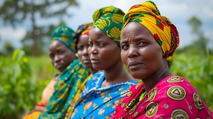 Wall Mural - Women of Malawi. Women of the World. A group of African women wearing colorful headscarves with a focus on the woman in the foreground against a natural backdrop  #wotw